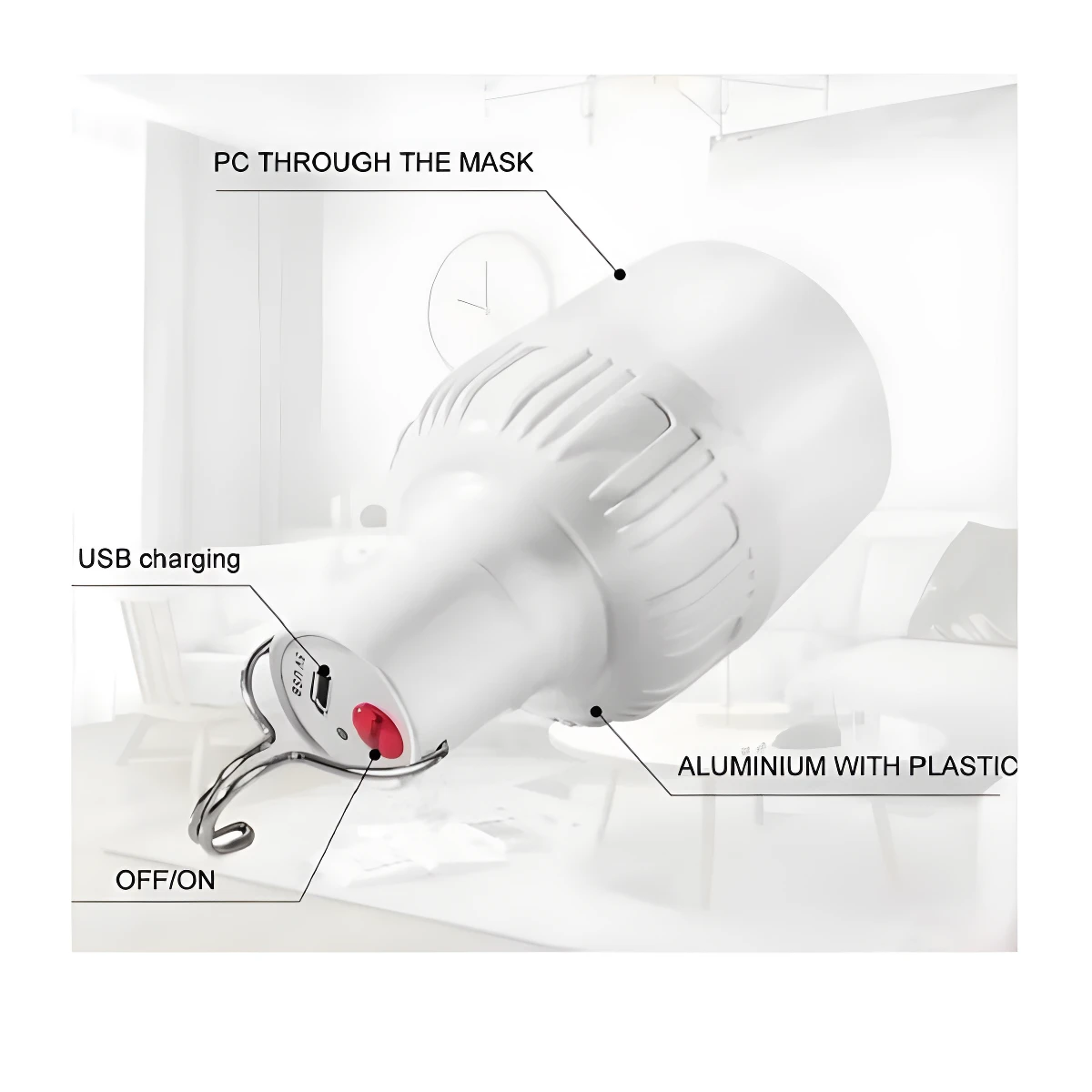 Bombillo led recargable blanco, con puerto USB para carga, gancho, botón ON/OFF y carcasa de aluminio con plástico.