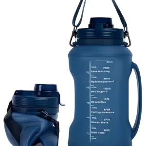 Botella de agua azul 2L de silicona, plegable, con marcador de tiempo para hidratación diaria.