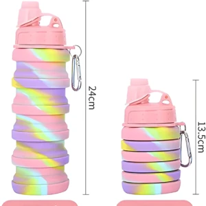 Botellas plegables de silicona multicolor: 500ml (24cm) y 225ml (13.5cm), con mosquetón para deporte.