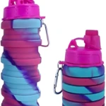Botellas plegables de silicona con mosquetón, rosado y azul degradado.