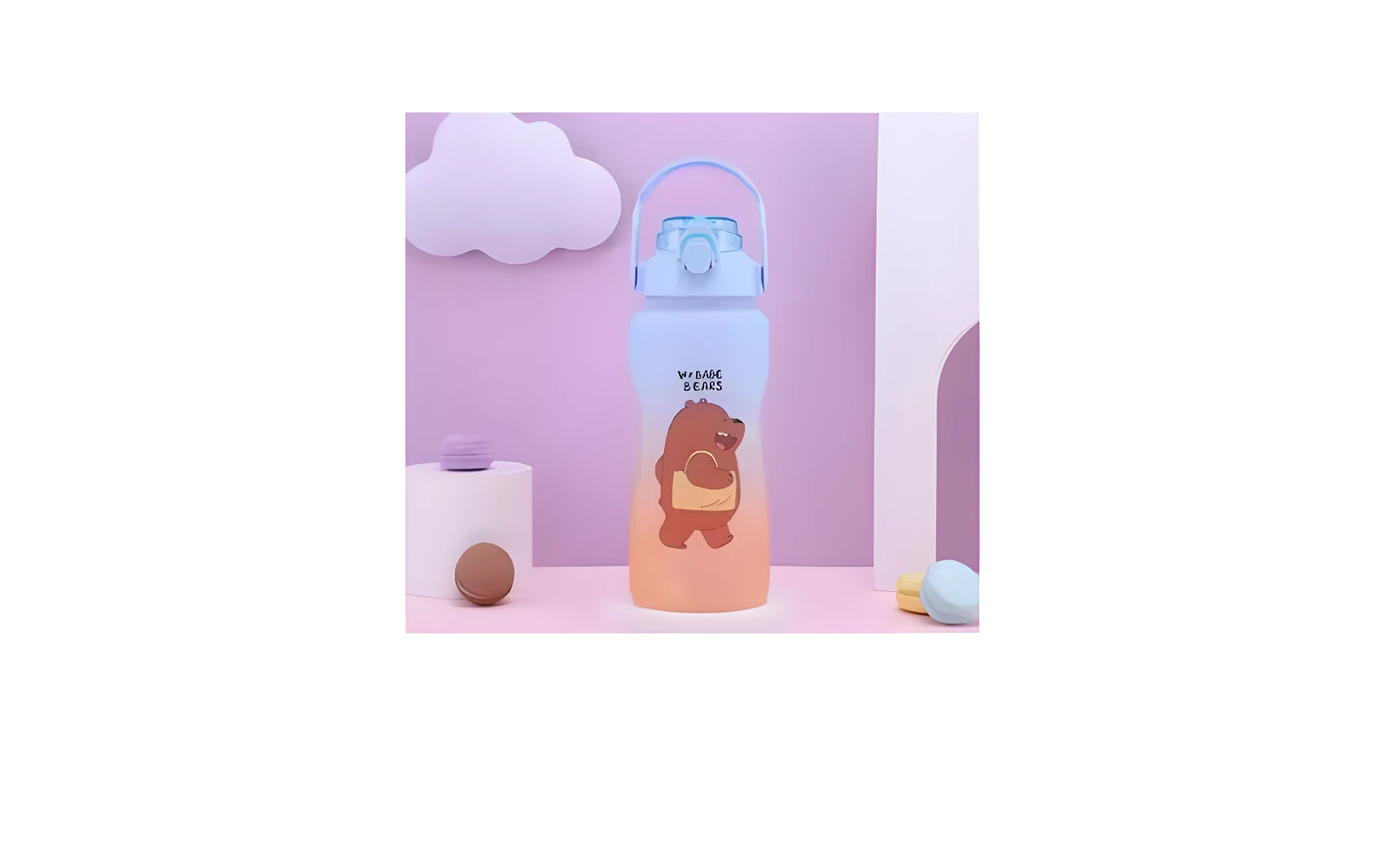 Botella termo motivacional azul y naranja con oso de We Bare Bears y tapa a presión, ideal para agua.