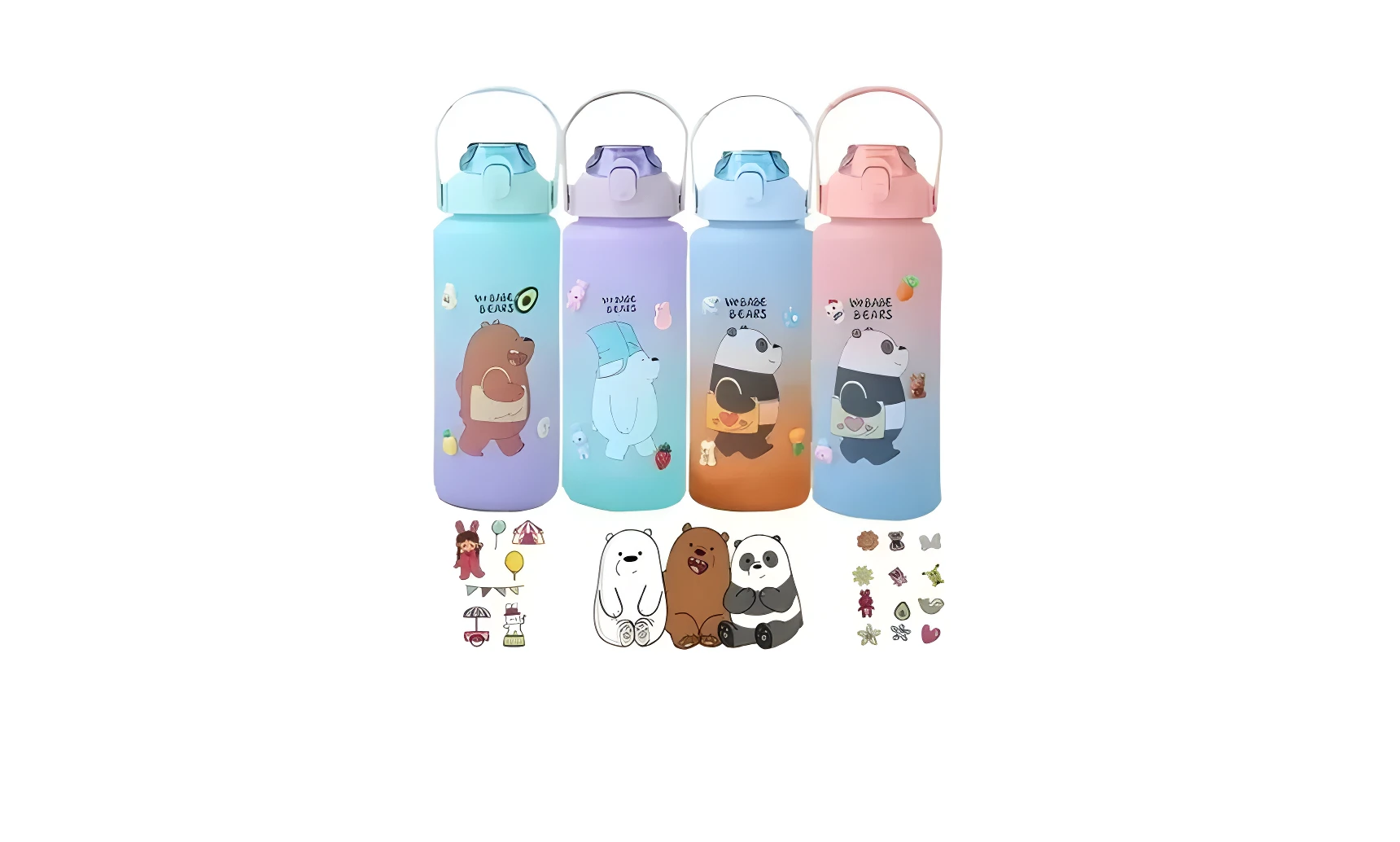 Set x2 botellas termo 2L tipo We Bare Bears, colores pastel, con stickers y figuras decorativas.