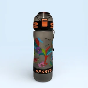 Botella deportiva gris translúcido 700ml con diseño de frutas y texto "SPORTS".