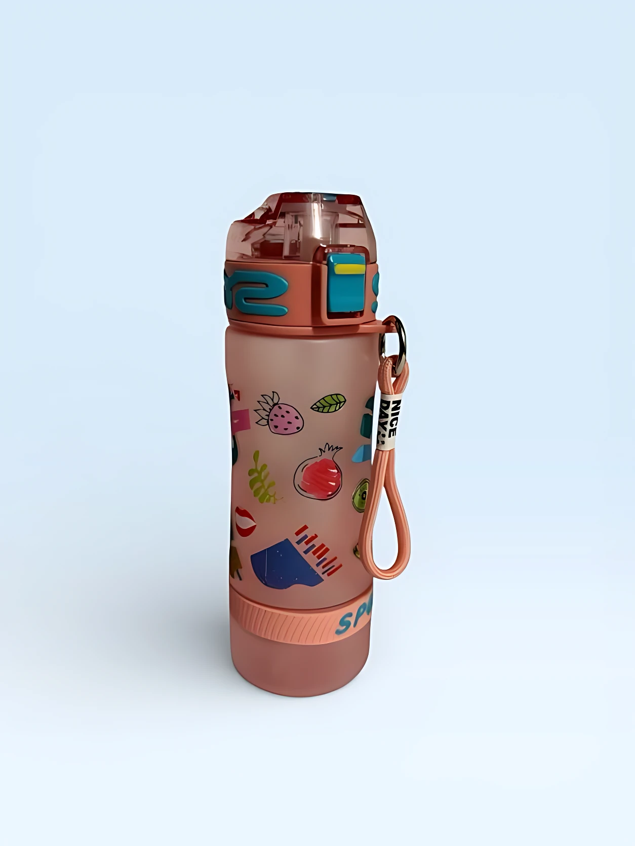 Botilito rosado mate 700ml con diseños de frutas, tapa rosada, con banda y cordón para colgar.