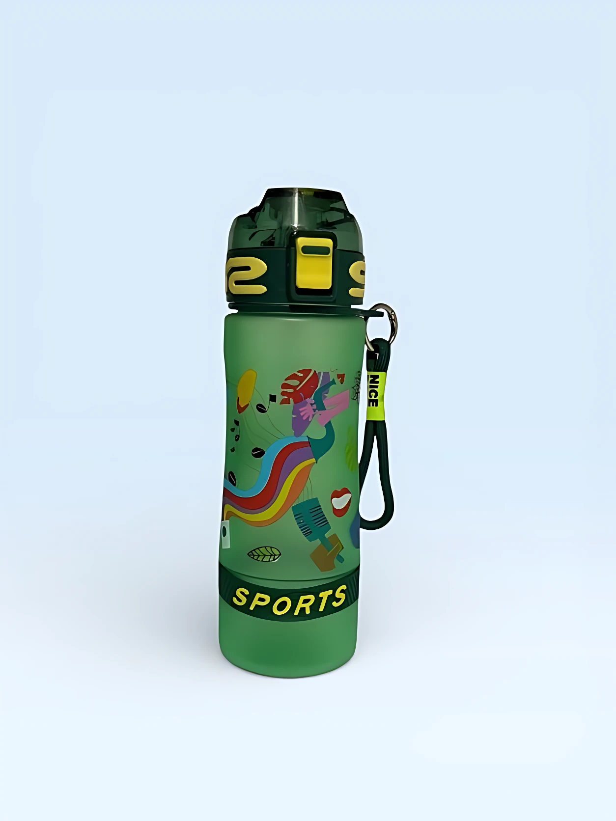Botella deportiva verde 700ml con diseño de caricaturas, cinta "NICE" y tapa a presión.