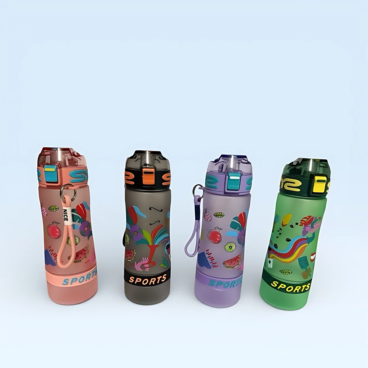 Cuatro botilitos deportivos 700ml con diseños de frutas en colores pastel y vivos, para niños.