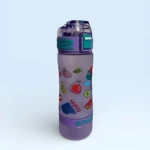 Botilito morado translúcido 700ml con tapa deportiva y diseños de frutas y "SPORT".