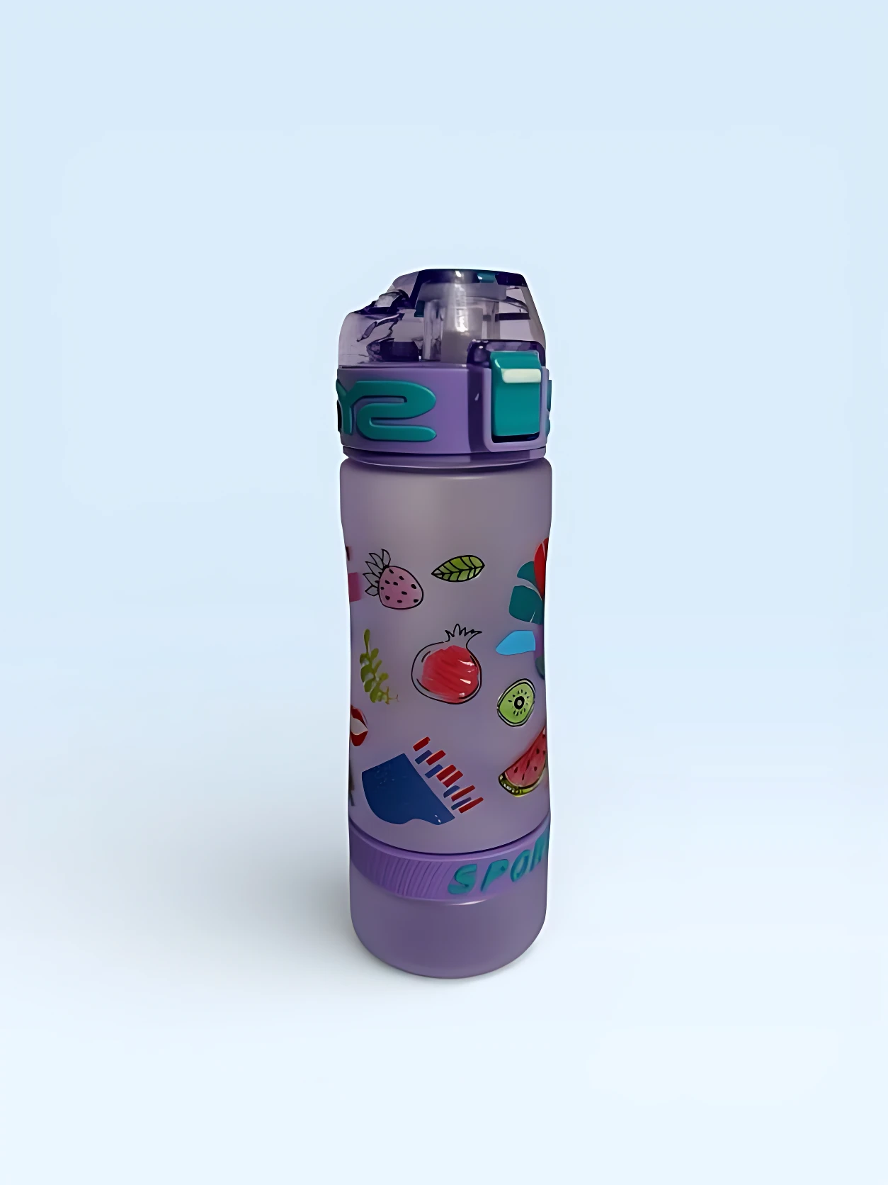 Botilito morado translúcido 700ml con tapa deportiva y diseños de frutas y "SPORT".