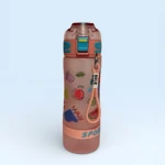 Botilito deportivo rosa translúcido con diseño de frutas y tapa azul, incluye correa "NICE".