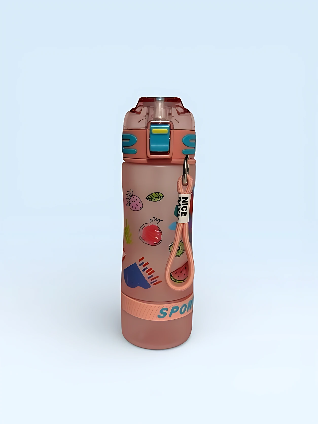Botilito deportivo rosa translúcido con diseño de frutas y tapa azul, incluye correa "NICE".