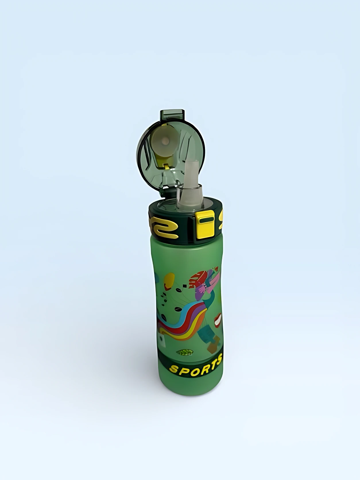 Botilito deportivo verde con popote y diseño de colores, tapa abierta.