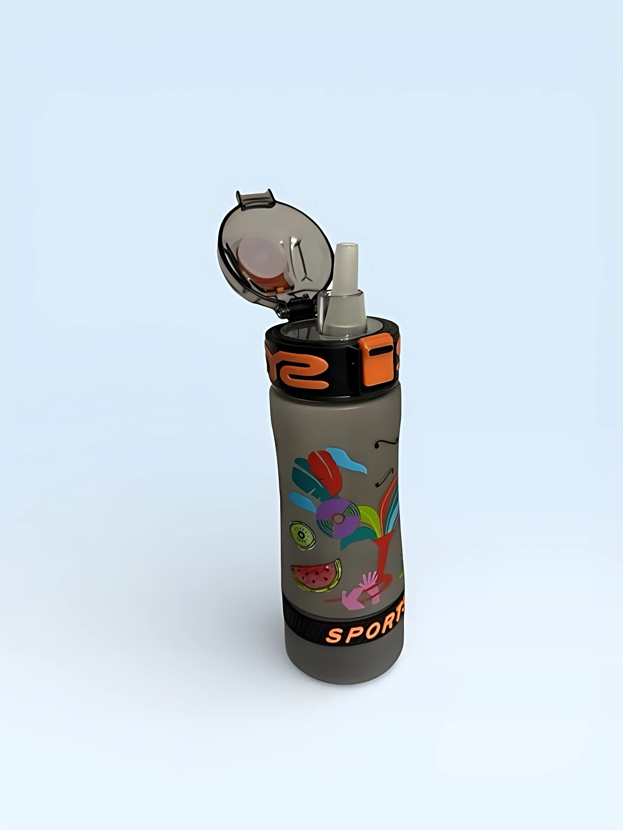 Botilito deportivo gris 700ml abierto con tapa negra, diseño "Sport" y estampado de frutas.