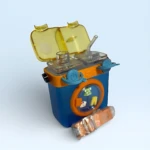 Botella de agua 500ml diseño lavadora azul y naranja, tapa amarilla, con dos compartimentos.