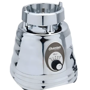 Base cromada de licuadora Oster con perilla de control de velocidad y logo.