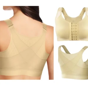Brassier corrector postura beige, soporte espalda, realza figura. Vista frontal y posterior.