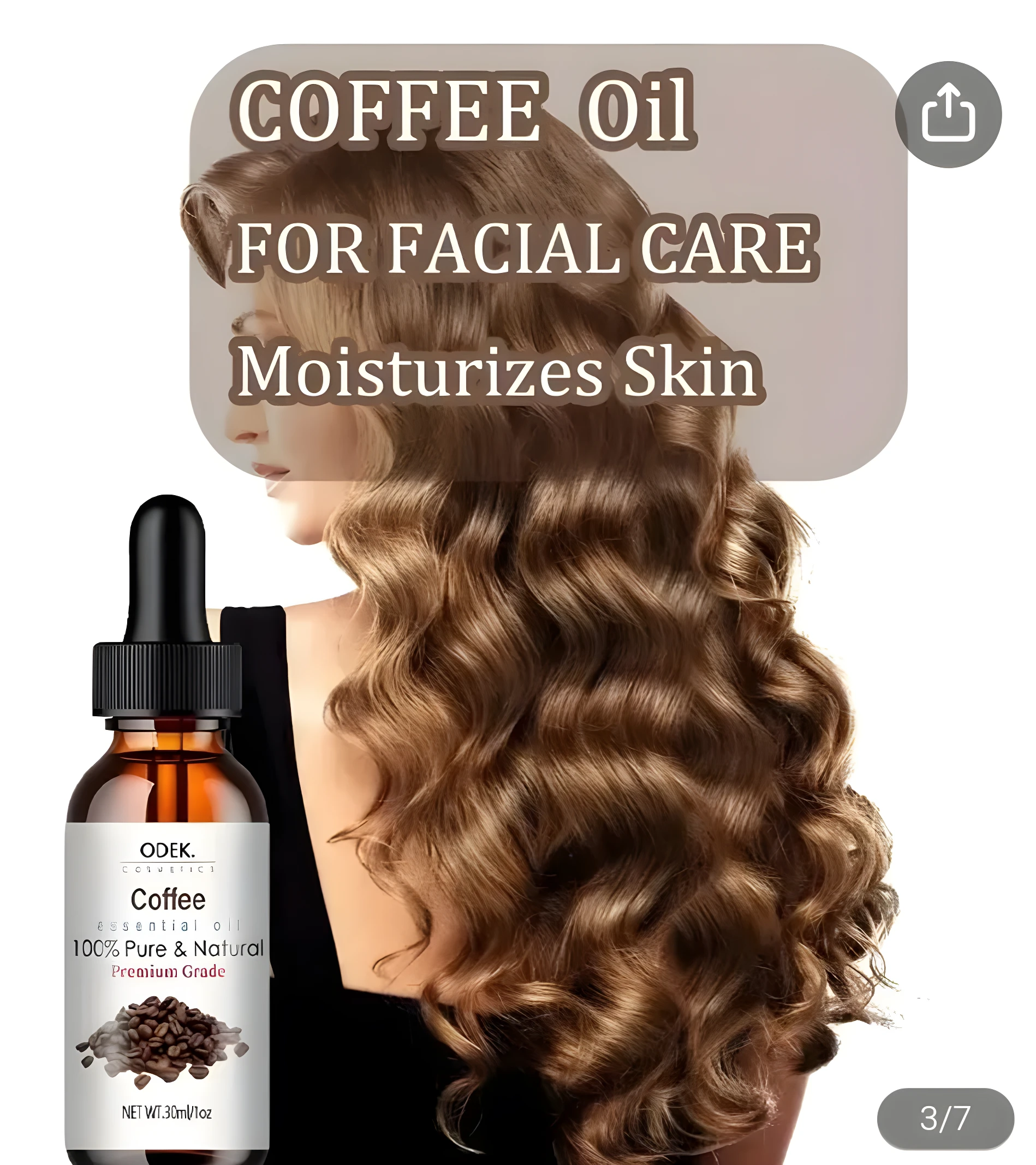 Frasco de aceite esencial de café Odek de 30 ml con dosificador, junto a una mujer de cabello castaño ondulado, para cuidado facial y humectación de piel.