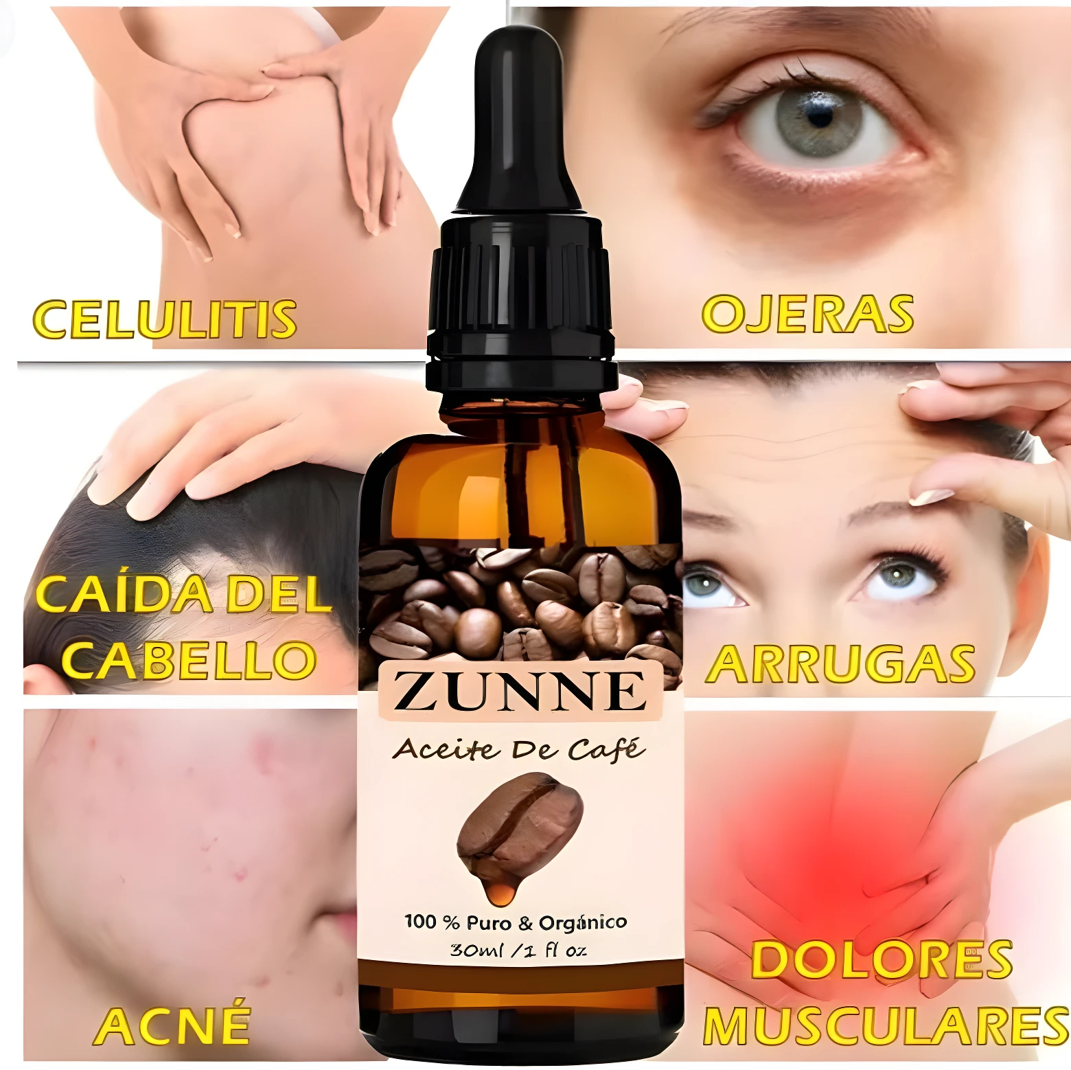 Frasco de 30ml de aceite de café orgánico Zunne rodeado de recuadros que muestran sus beneficios para celulitis, ojeras, caída del cabello, arrugas y acné.