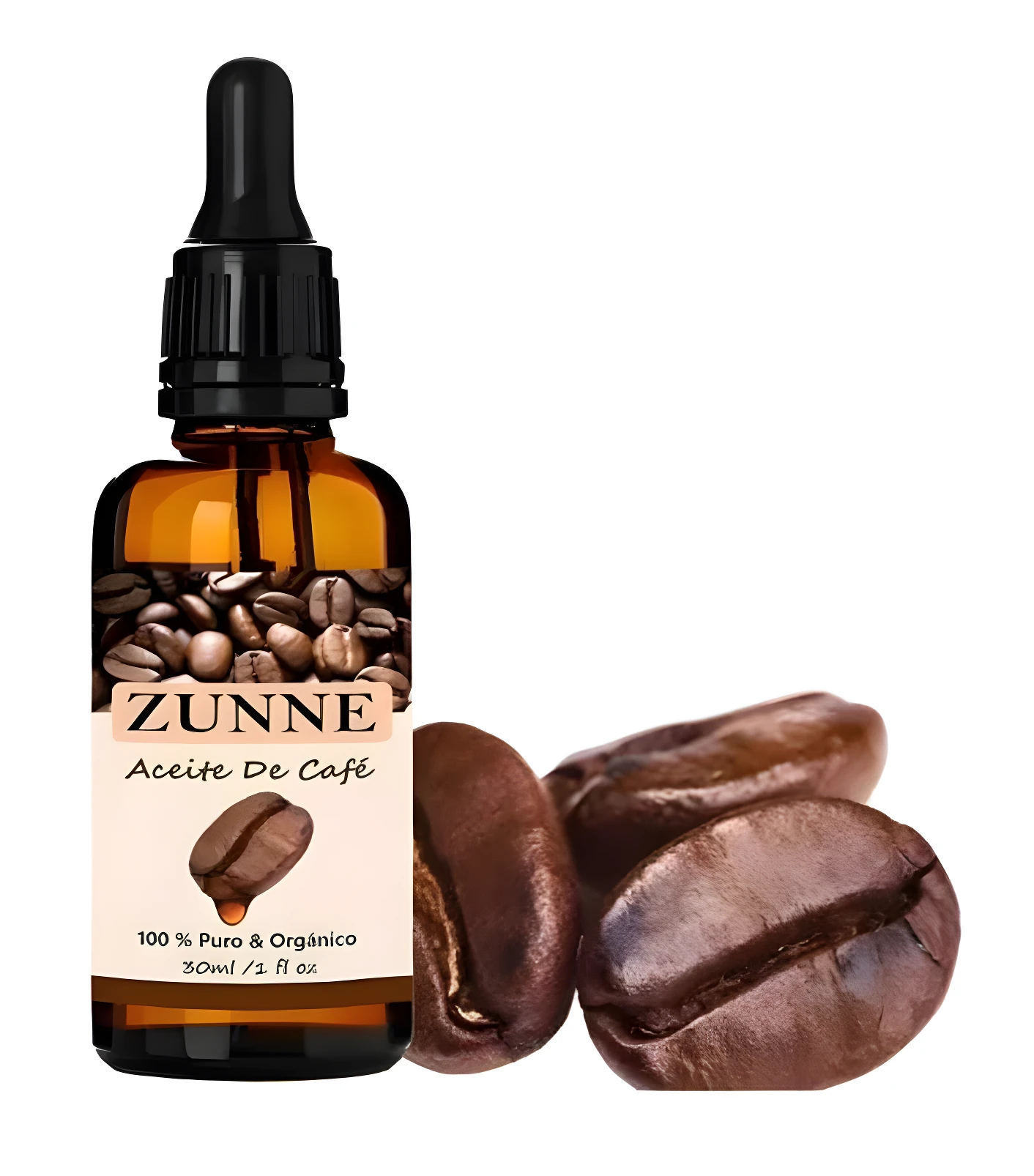 Frasco de vidrio ámbar con gotero de Aceite de Café Zunne de 30ml, etiqueta crema con granos de café y tres granos naturales dispuestos al frente.