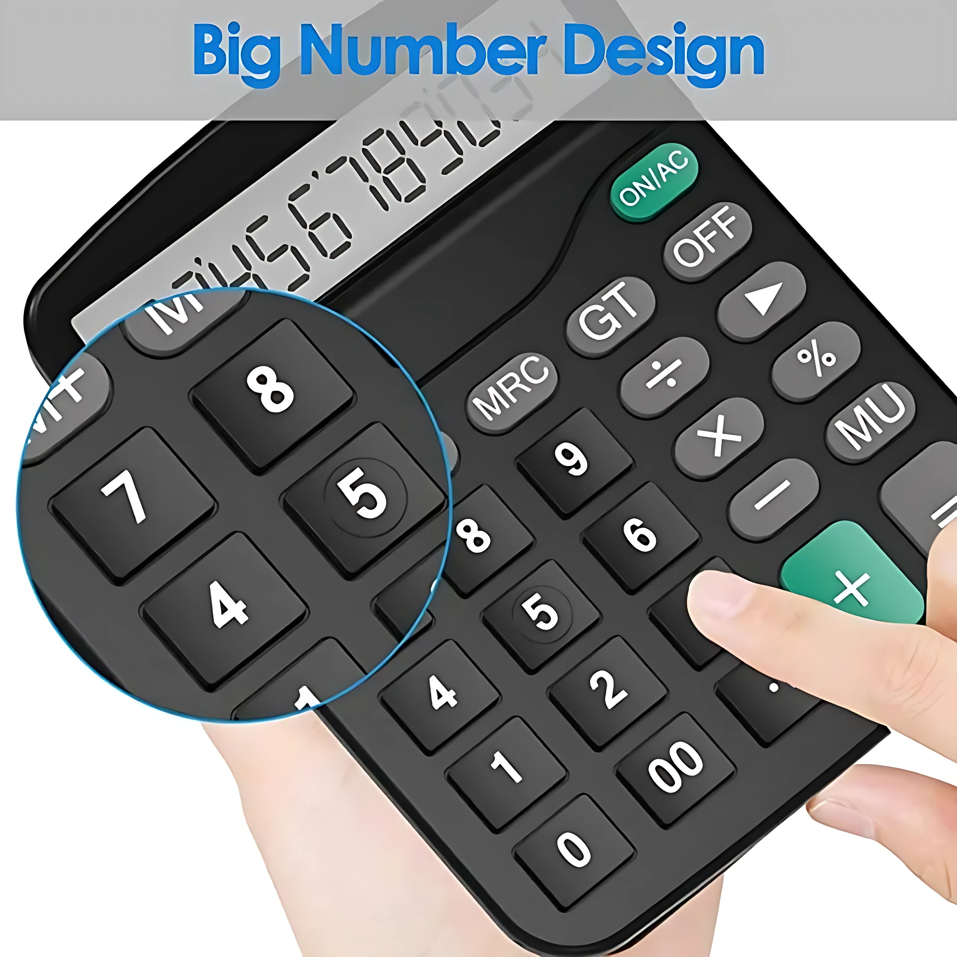 Calculadora electrónica negra con pantalla grande y teclas numéricas resaltadas, ideal para cálculos diarios.