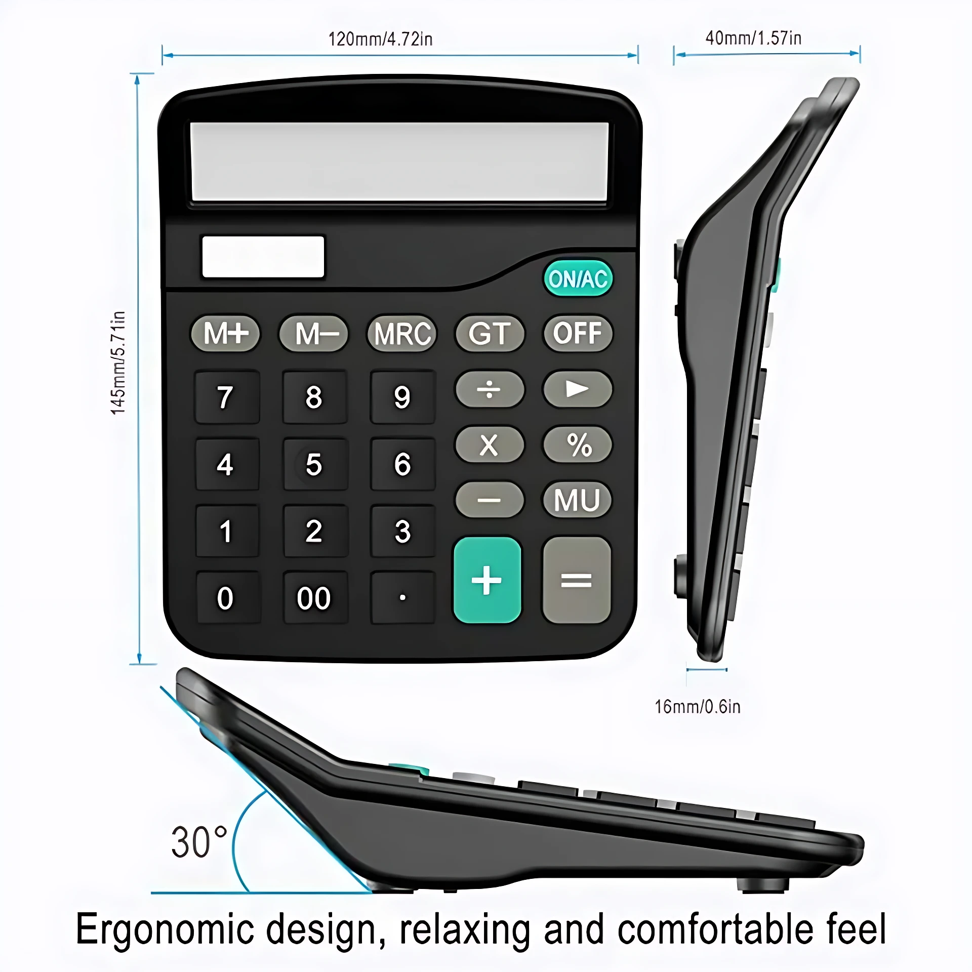 Calculadora electrónica negra de 120x145mm, diseño ergonómico 30°, ideal para cálculos diarios.