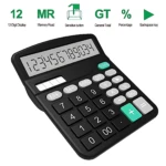 Calculadora electrónica negra básica de 12 dígitos con pantalla grande y botones sensibles, ideal para cálculos diarios.