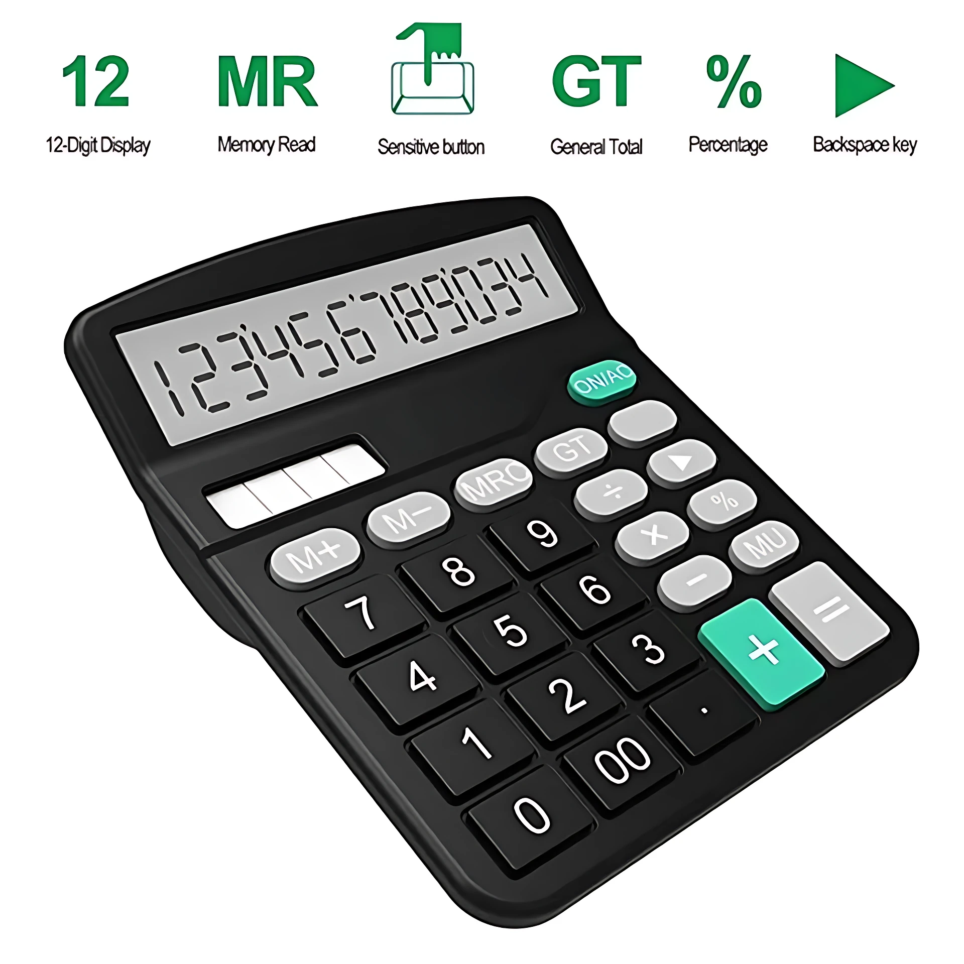 Calculadora electrónica negra básica de 12 dígitos con pantalla grande y botones sensibles, ideal para cálculos diarios.