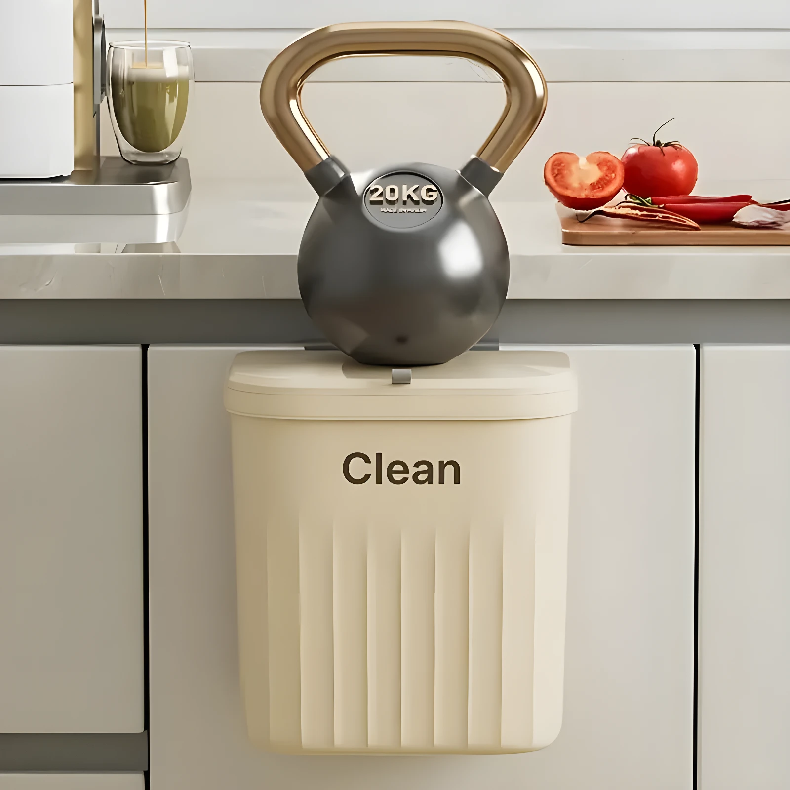 Canasta de basura colgante beige con tapa hermética, texto "Clean", ideal para cocina.
