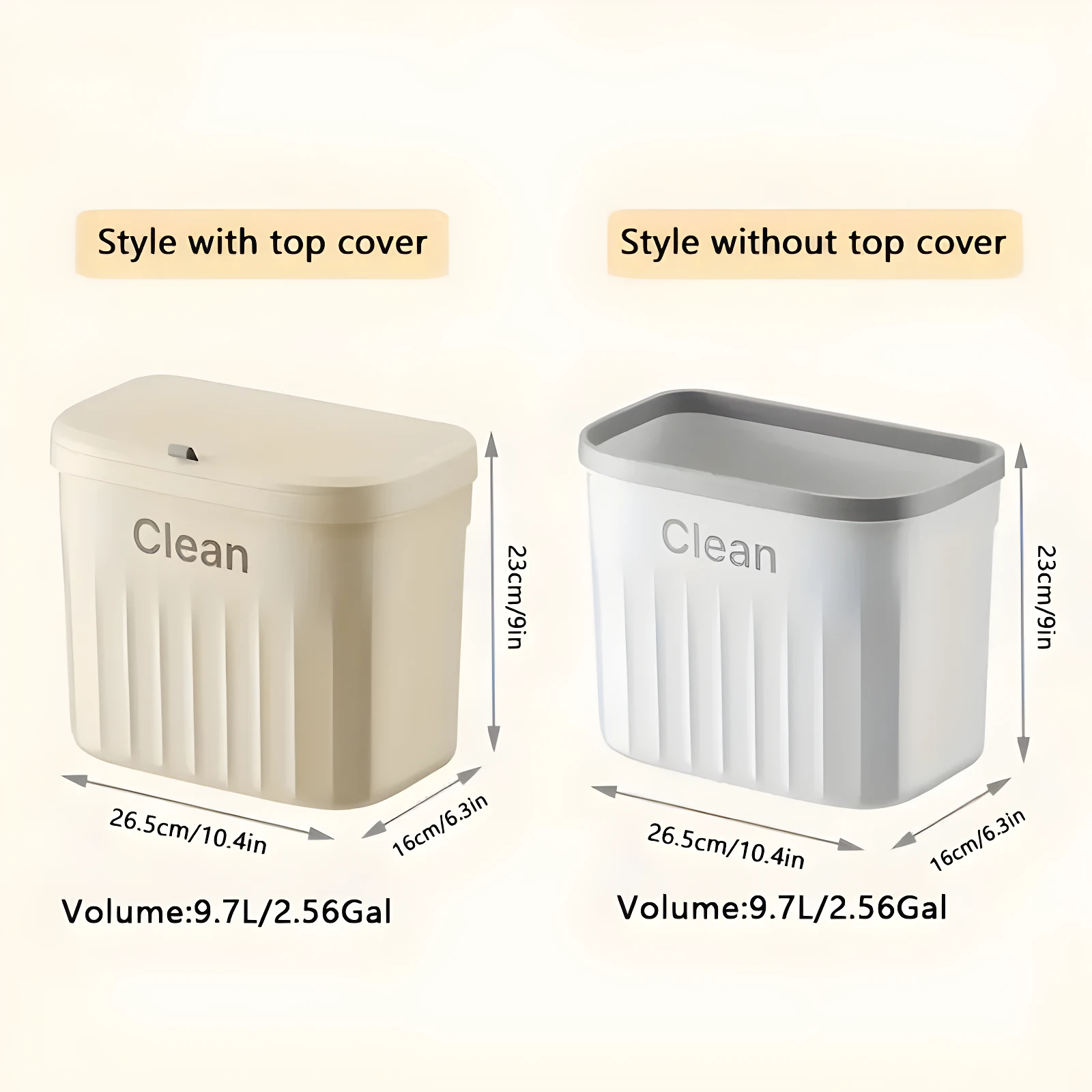 Canastas de basura colgantes 23cm de alto, 26.5cm ancho. Una beige con tapa, otra blanca sin tapa, ambas 9.7L.