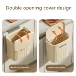 Canasta de basura beige colgante para cocina, tapa de doble apertura, ideal para mantener ordenado.