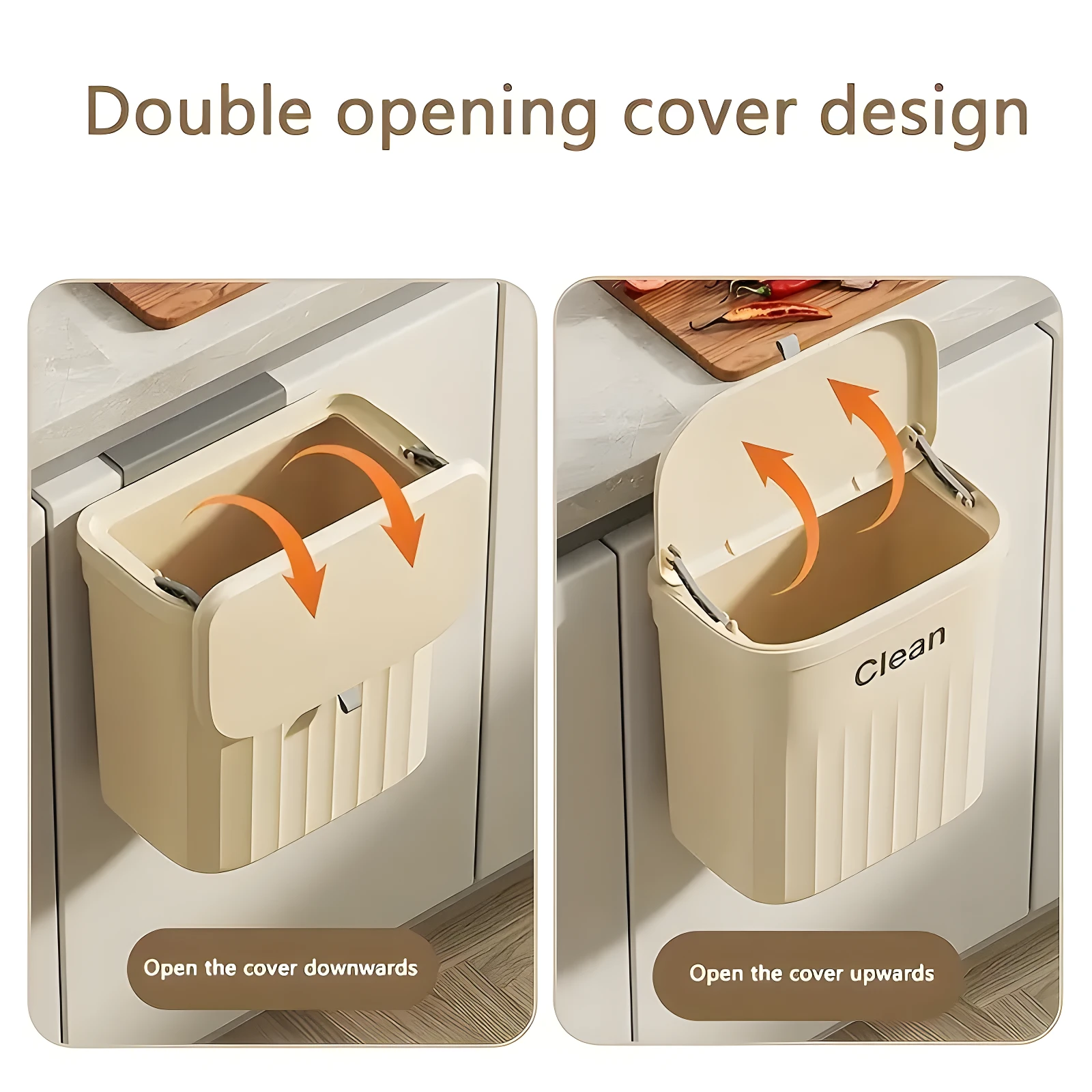 Canasta de basura beige colgante para cocina, tapa de doble apertura, ideal para mantener ordenado.