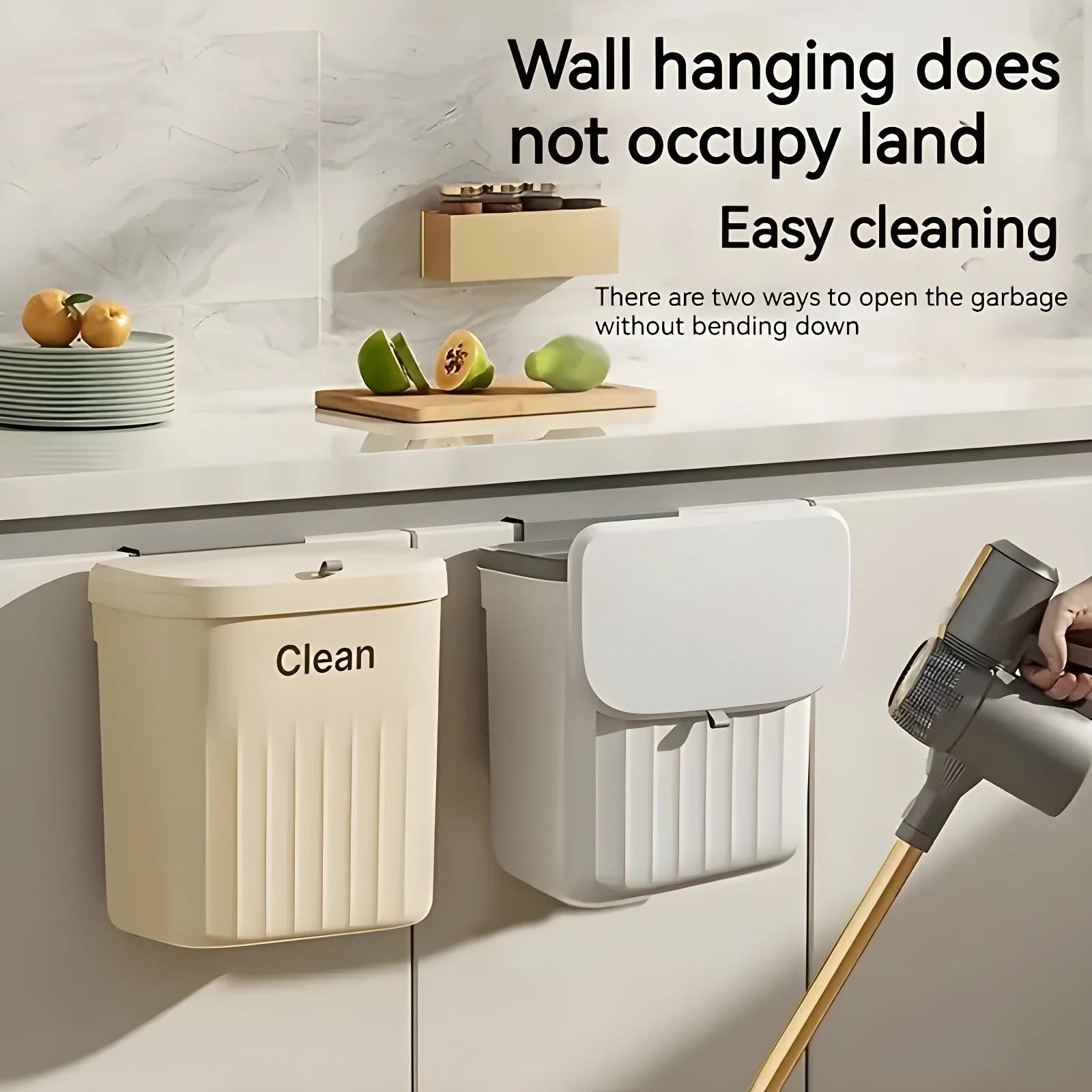 Canasta de basura colgante color crema con tapa hermética, ideal para cocinas, diseño "Clean".