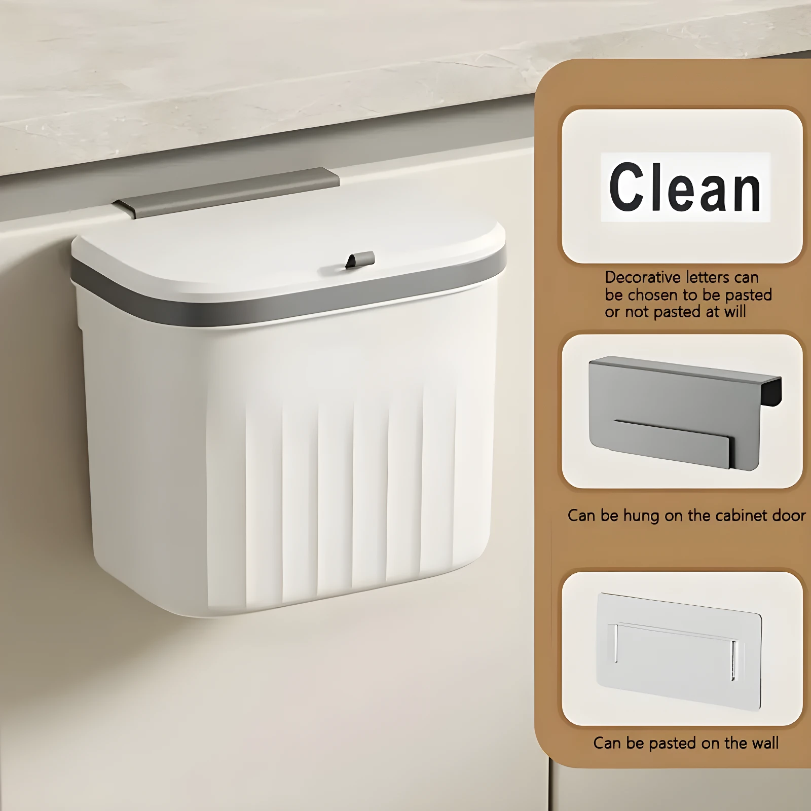 Canasta de basura blanca colgante para cocina con tapa hermética y ganchos para puerta o pared.