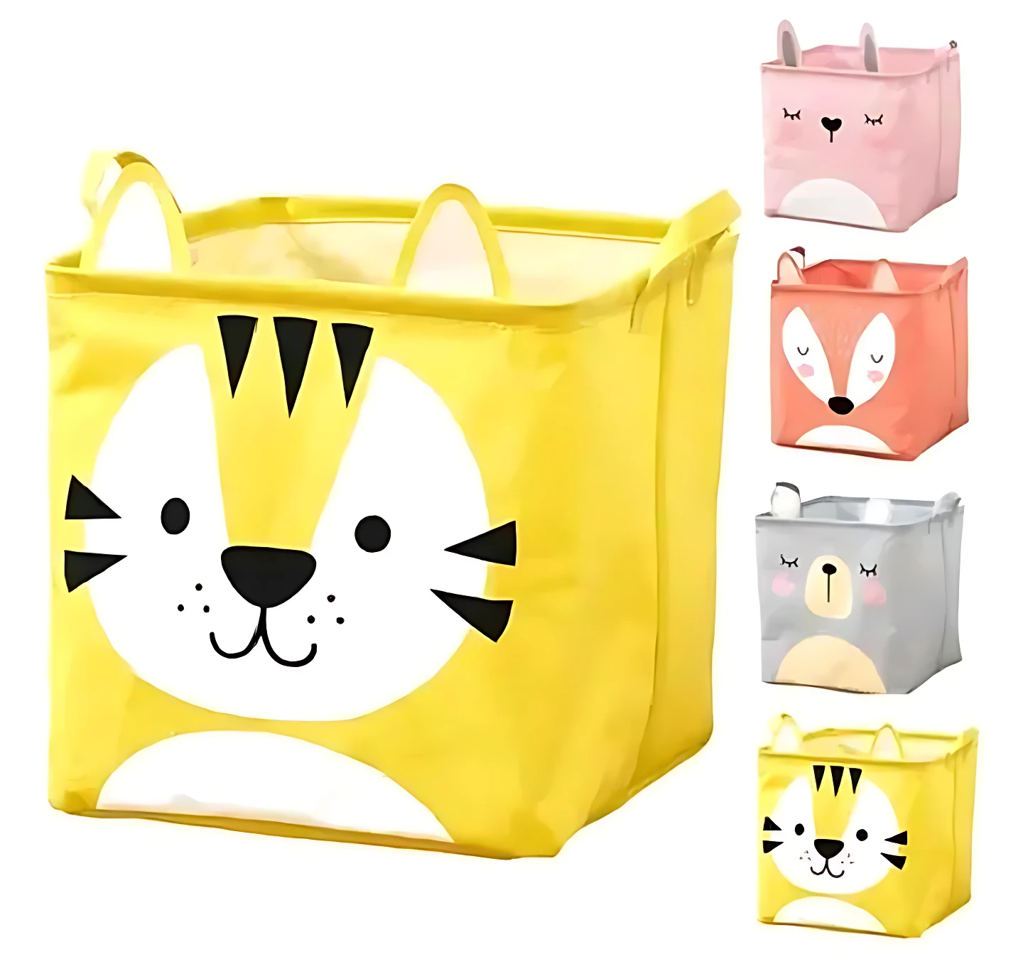 Canasta organizadora amarilla plegable con diseño de tigre, ideal para juguetes. Variantes en rosa, naranja y gris se ven al fondo.