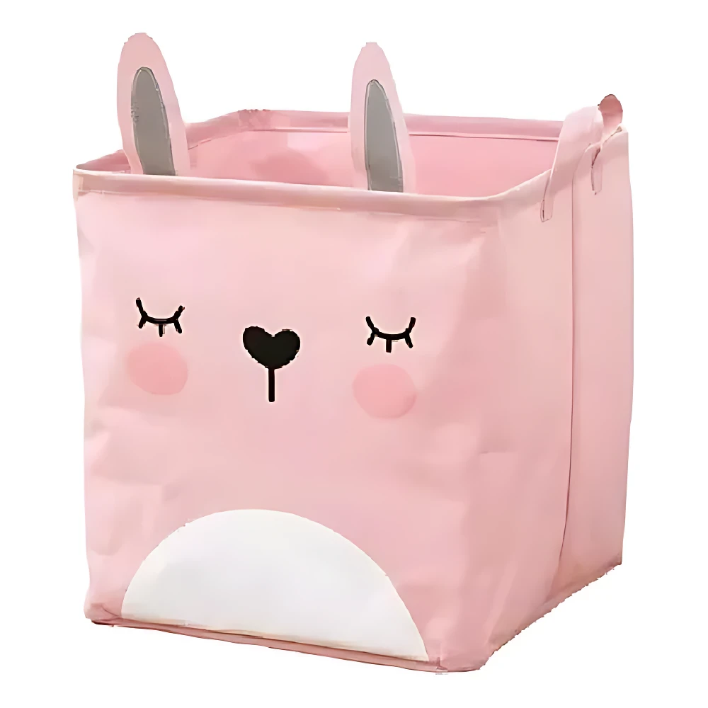 Canasta organizadora rosada con diseño de conejito, orejas y cara. Plegable, ideal para ordenar.