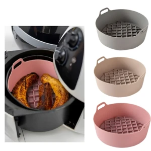 Canastillas de silicona rosa y beige con rejilla para freidora de aire, para cocinar saludable.