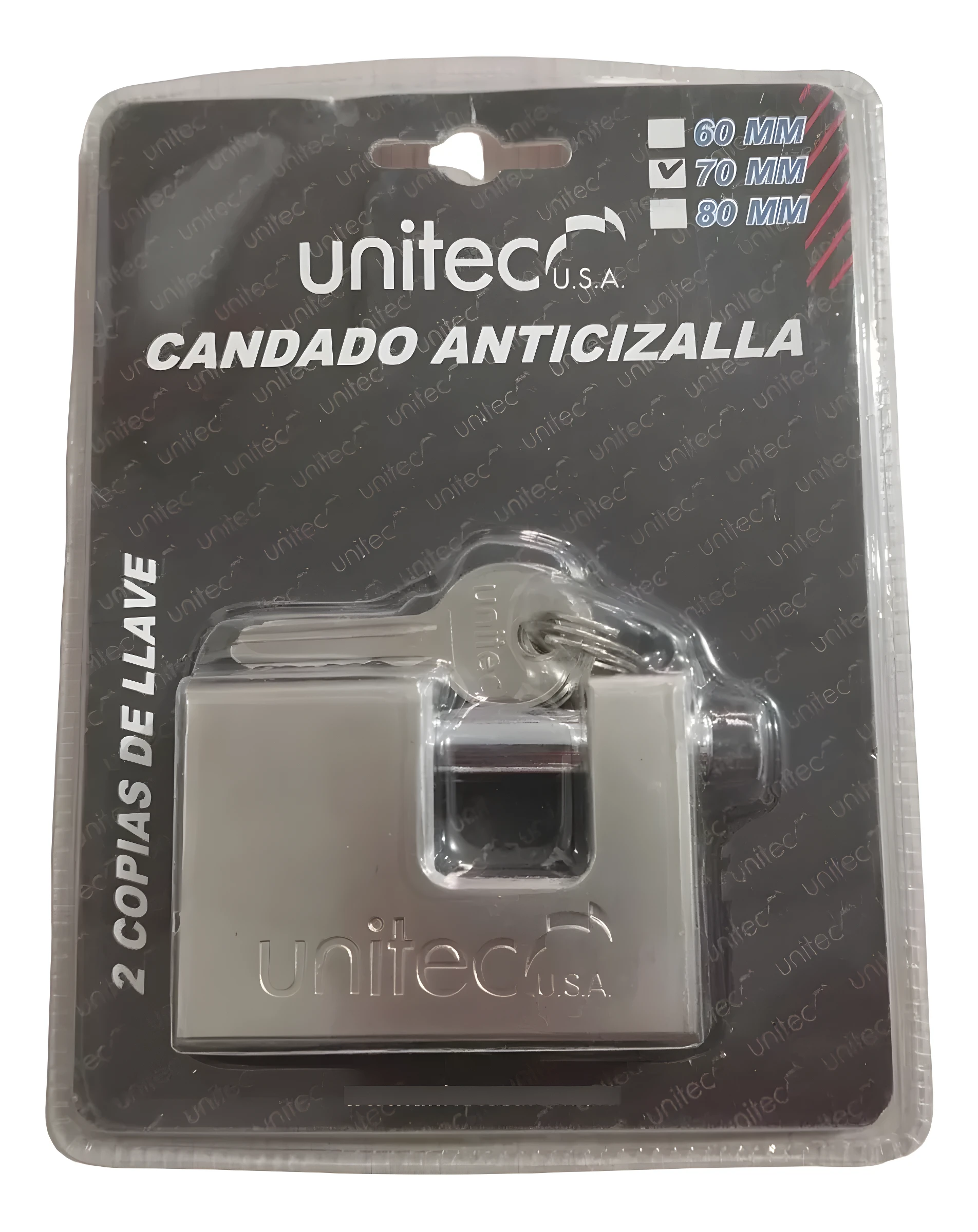Candado Unitec 70 mm, plateado, con dos llaves, empaque blíster, modelo anticizalla.