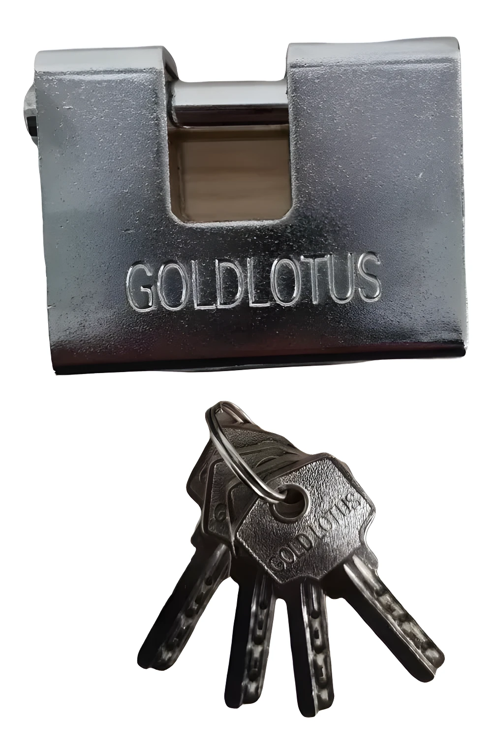 Candado de seguridad metálico plateado marca GOLDLOTUS con tres llaves.
