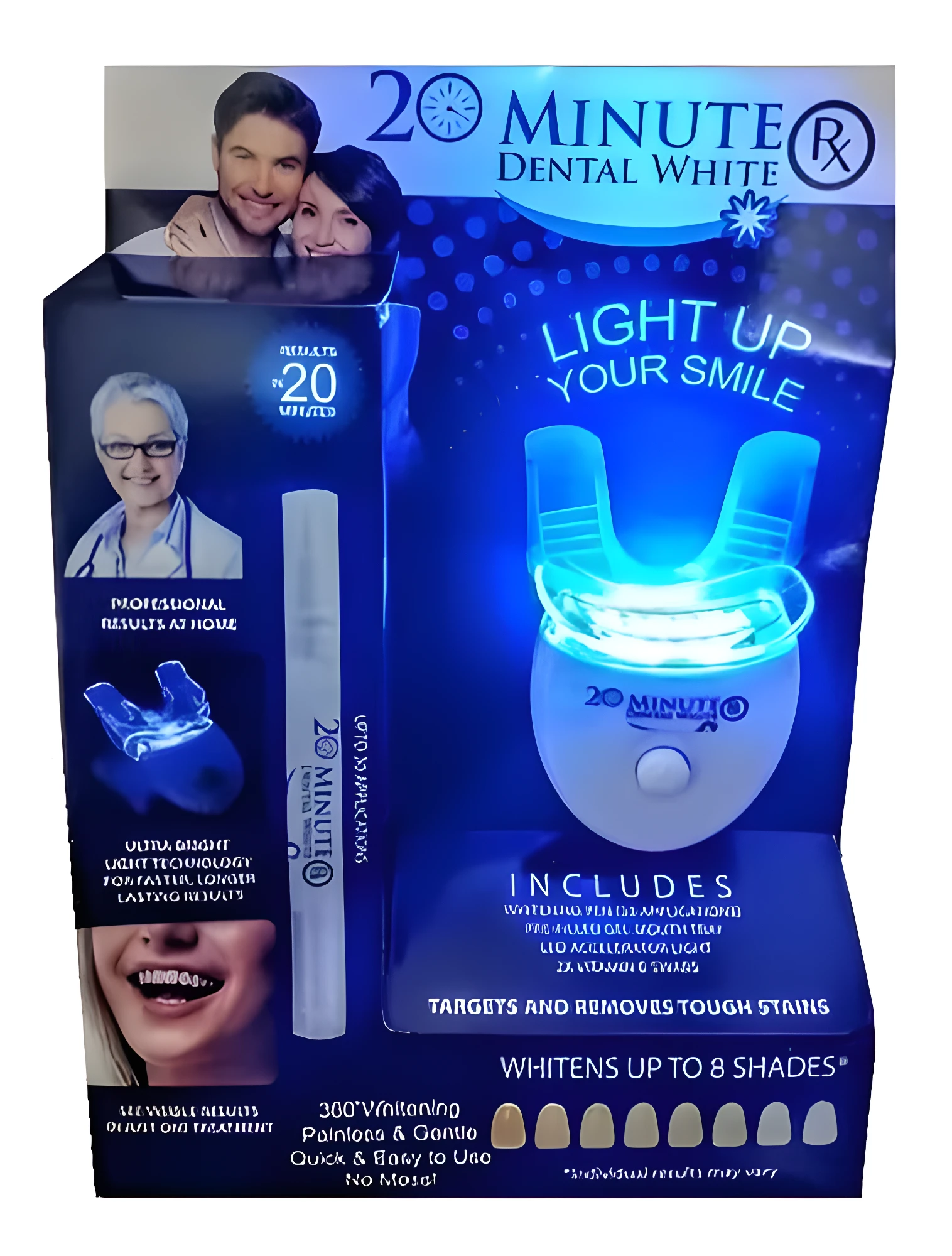Kit blanqueamiento dental 20 Minute Dental White con luz LED y aplicador para aclarar hasta 8 tonos.