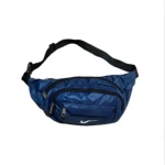 Canguro deportivo azul Nike, impermeable, con múltiples bolsillos frontales con cremallera y correa ajustable para corredores.
