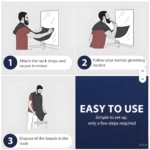 Capa impermeable para corte de barba negra, usada por un hombre, se sujeta al cuello y espejo.