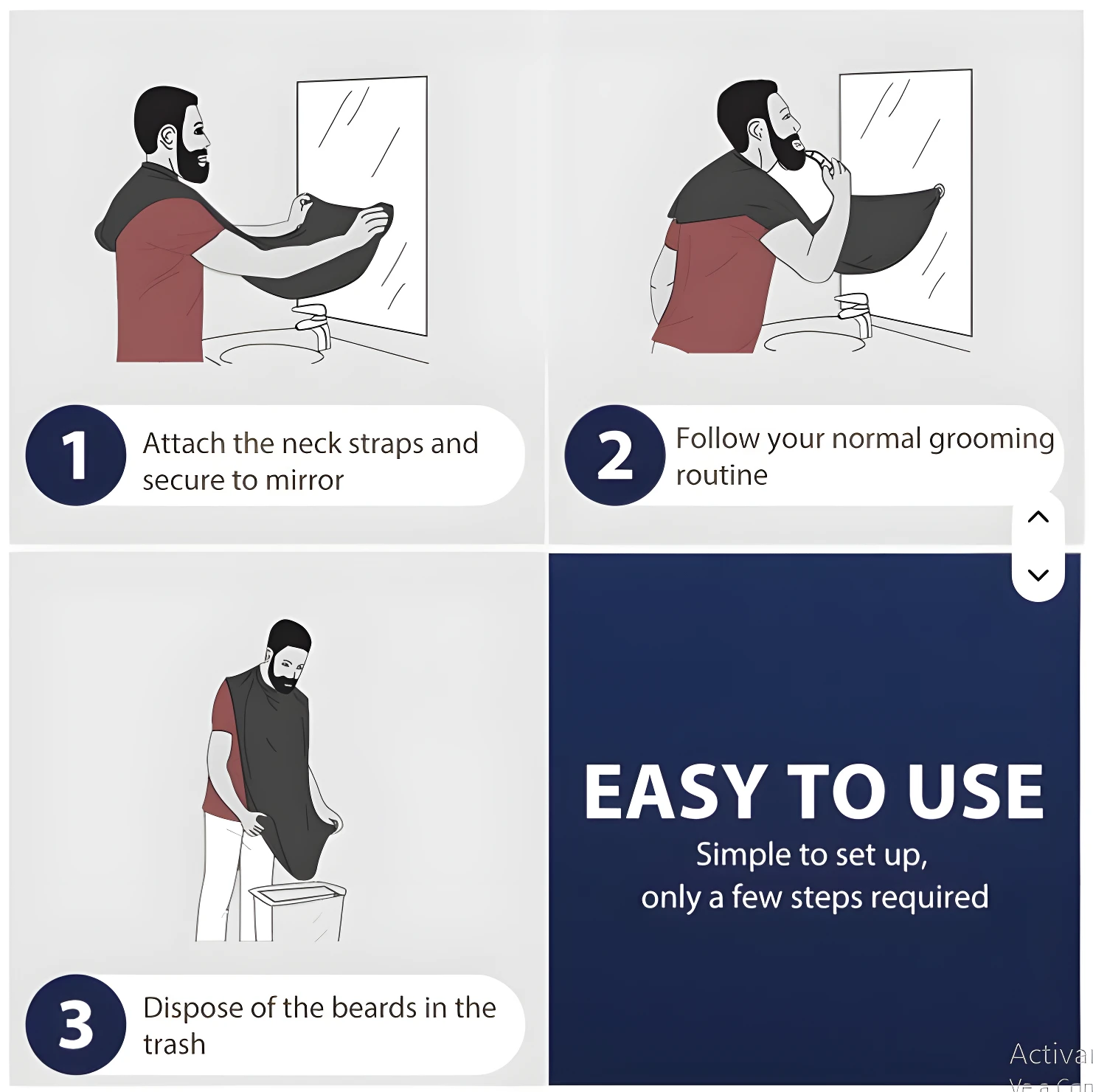 Capa impermeable para corte de barba negra, usada por un hombre, se sujeta al cuello y espejo.