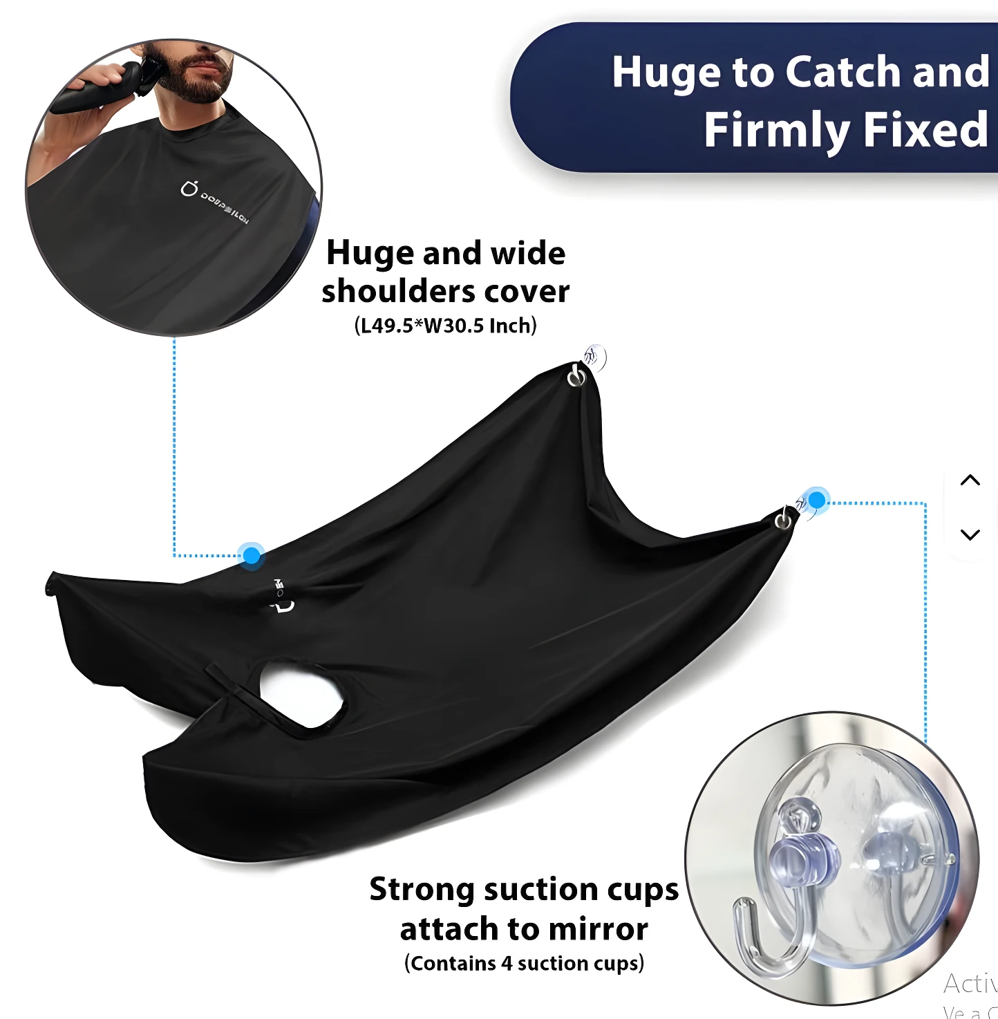 Capa impermeable negra para corte de barba, amplia y con ganchos para fijar a espejo, ideal para atrapar recortes.