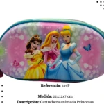 Cartuchera escolar ovalada 22x12x7 cm con diseño animado de princesas Disney y fondo de corazones.