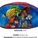 Cartuchera ovalada Dragon Ball Super 22x12x7 cm, con diseño animado de Goku, Vegeta y Shenlong en fondo espacial azul.