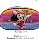 Cartuchera escolar ovalada con diseño animado de Minnie Mouse, fondo degradado rosa y azul, medidas 22x12x7 cm.