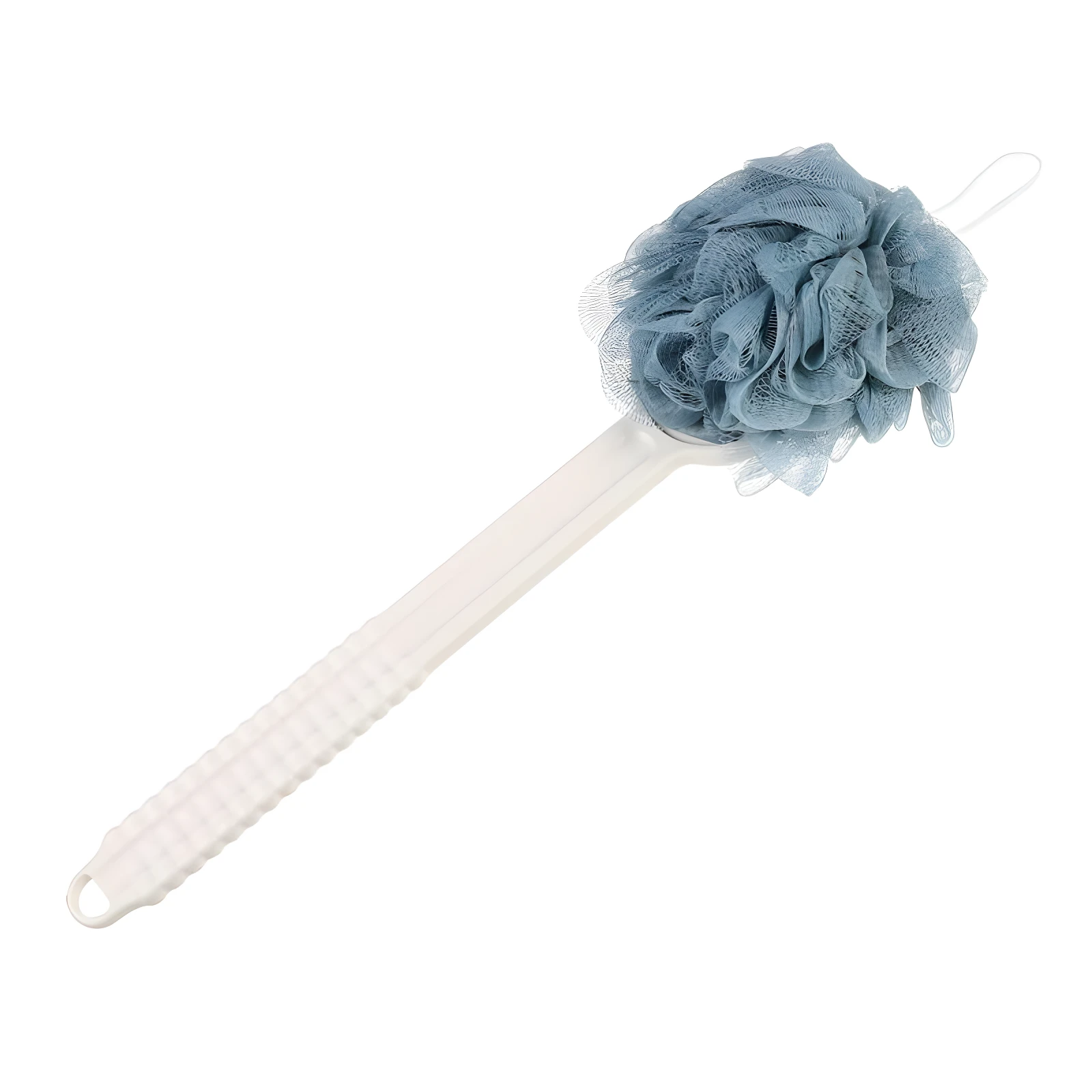Cepillo de baño azul con mango blanco y textura, ideal para exfoliación corporal.