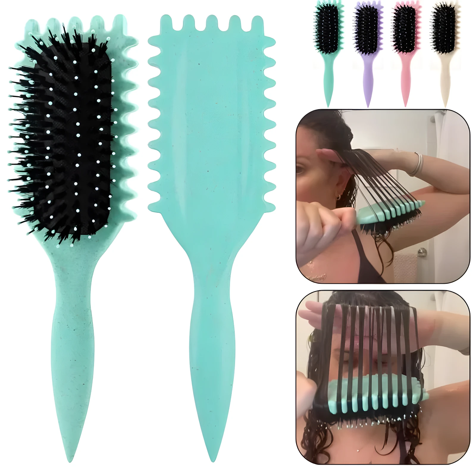Cepillo para definir rizos color menta con cerdas negras y borde dentado superior; incluye vista del producto en cuatro tonos y uso práctico en cabello.
