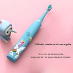 Cepillo de dientes eléctrico infantil azul con diseño de unicornio, 1200 mAh, recargable.