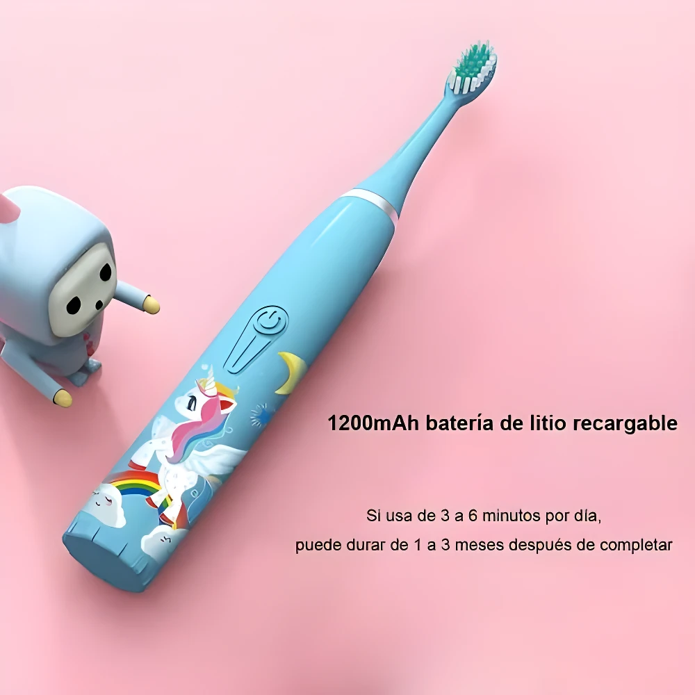 Cepillo de dientes eléctrico infantil azul con diseño de unicornio, 1200 mAh, recargable.