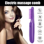 Cepillo masajeador eléctrico púrpura para cabello con vibración, diseño portátil y ergonómico, presentado junto a una mujer con cabello largo y sedoso.